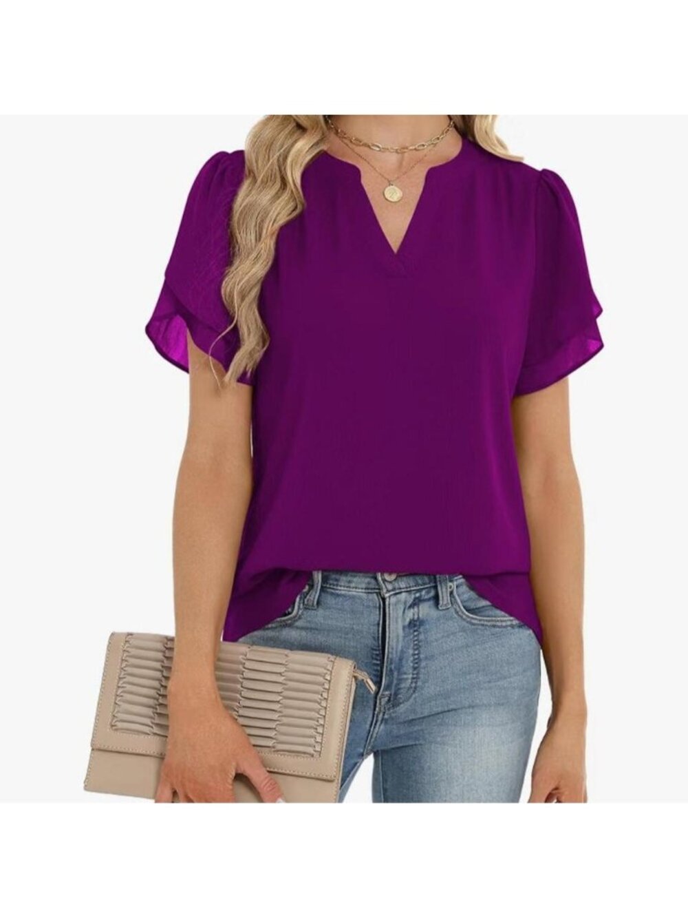 Womens Dressy Casual Chffon Shirts Short Sleeve V Neck Work Blouse